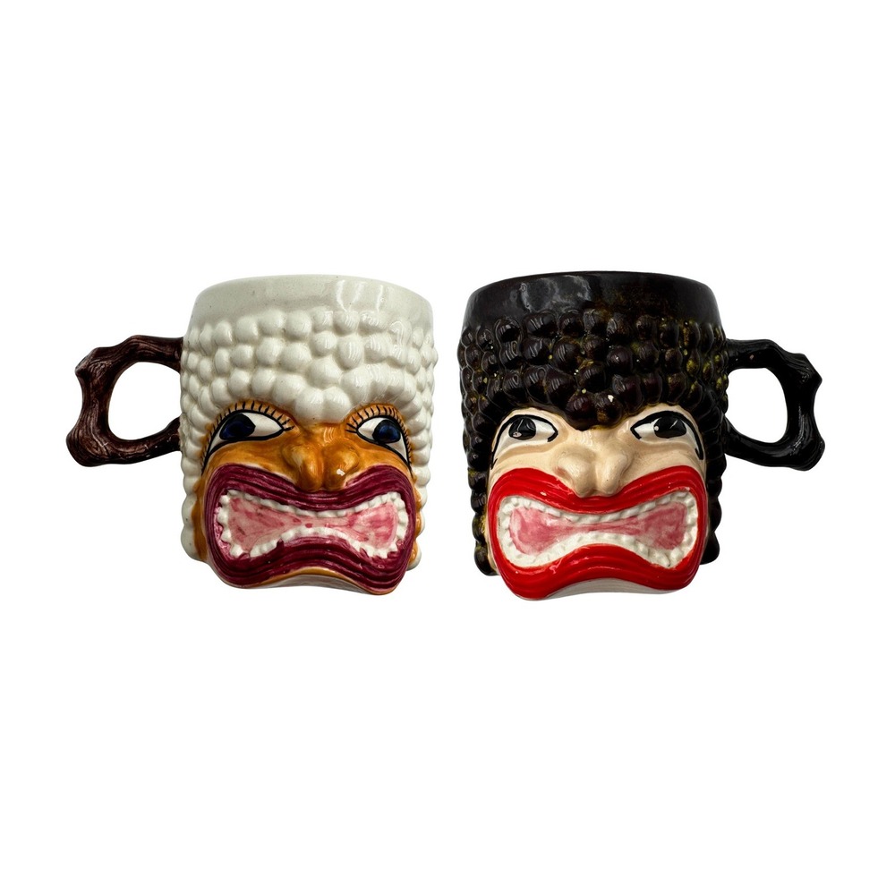 VTG 1962 Signed Jamar Mallory Handmade Mugs Studio Pottery Weird Folk Art Faces